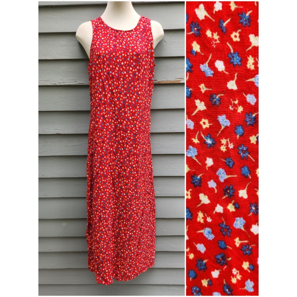 Vintage 90s Y2K Expressions Maxi‎ Dress Red Ditsy Floral Sleeveless Rayon Small